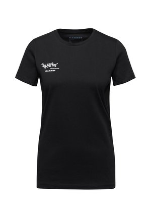 Black cotton t-shirt featuring a crew neck, short sleeves, and white logo detailing on the front, smooth texture, and standard fit.