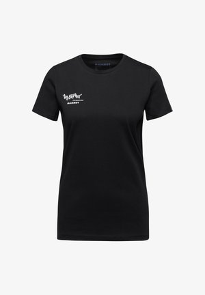 Schwarzes Baumwoll-T-Shirt mit Rundhalsausschnitt, kurzen Ärmeln und weißen Logodetails auf der Vorderseite, glatter Textur und normaler Passform.