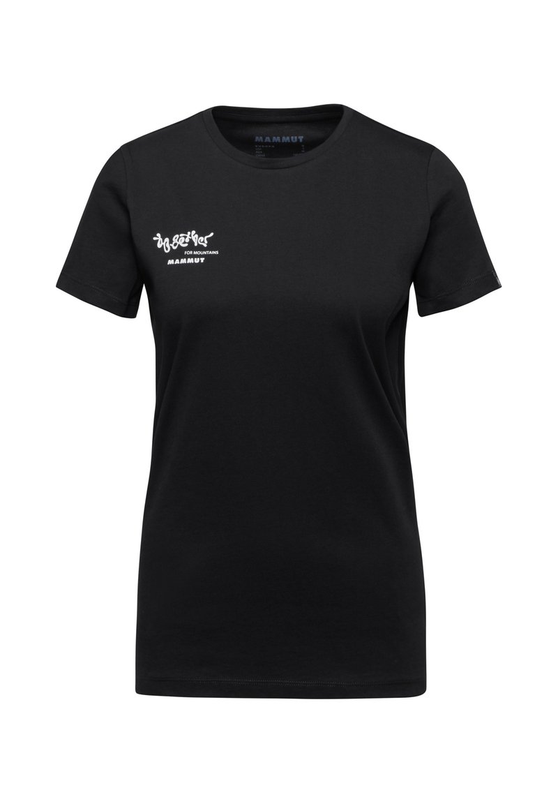 Zwarte katoenen t-shirt met ronde hals, korte mouwen en witte logo-details op de voorkant, met een gladde textuur en een standaard pasvorm.