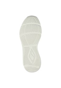 Suela de zapatilla blanca con un diseño texturizado que presenta patrones en zigzag y curvados para proporcionar tracción. Material de goma suave y flexible.