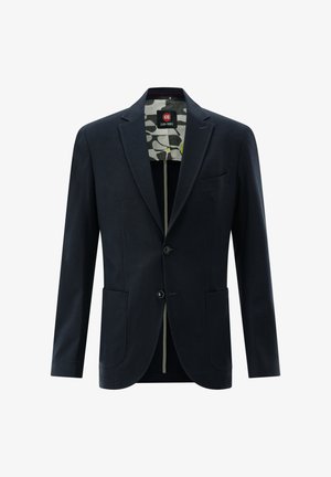 Marineblauer Herrenblazer mit zwei Knöpfen, einem Revers mit Kerbkragen, zwei aufgesetzten Fronttaschen, Brustleistentasche und einem gemusterten Innenfutter.