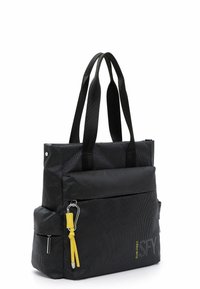 Black fabric tote bag with a textured finish, featuring two top handles, a front pocket, and a yellow accent with hardware detail.