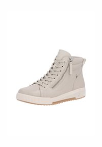 Baskets montantes en cuir beige clair. Les caractéristiques incluent un système de laçage à l'avant, une fermeture éclair sur le côté, une semelle en caoutchouc texturée et un détail de logo.