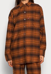Camicia a quadri marrone e nera con bottoni, realizzata in tessuto morbido, dotata di colletto a punta, maniche lunghe e taschino sul petto.