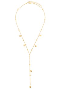 Collana dorata con design a catena e accenti sferici. Presenta una forma a Y con perline di dimensioni variabili e chiusura a gancio a molla.