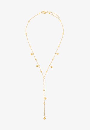 Collier doré avec un design en chaîne et des accents sphériques. Présente une forme en Y avec des tailles de perles variées et une fermeture à fermoir de type homard.