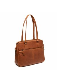 Bruine leren tote bag met dubbele handvatten bovenaan, gestructureerd ontwerp, een voorvak met rits en een soepele textuur. Heeft contrasterende stiksels.