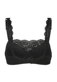 Svart spetsbralette med blommönster, justerbara axelband och krokstängning. Slät tyg under med scalloped spetskanter.