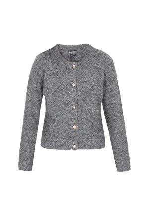 Cardigan grigio morbido lavorato a maglia con maniche lunghe e cinque bottoni decorativi tondi lungo la parte anteriore.