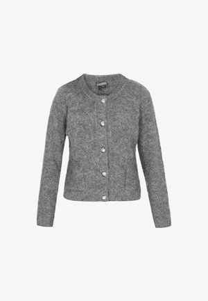 Harmaa pörröinen neulecardigan, jossa on pitkät hihat ja viisi pyöreää koristepainiketta edessä.