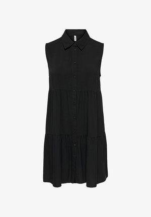Černé šaty bez rukávů s knoflíkovou légou, vícevrstvou sukní a špičatým límečkem, vyrobené z lehké látky.