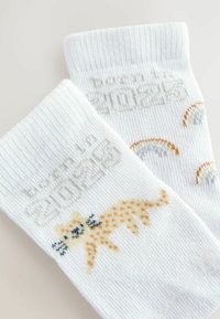 Chaussettes en coton blanches avec un design de chat tacheté, le texte "Né en 2023" et de petits motifs arc-en-ciel dans des teintes subtiles d'orange et de gris.