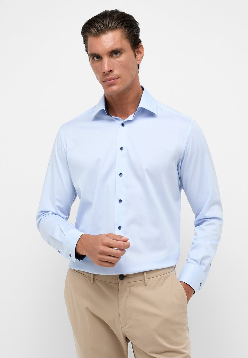 Camicia Uomo ETERNA Poplin Modern Fit - Puro Cotone, Non Stira, A Quadri Vichy Blu Navy - Maniche Lunghe