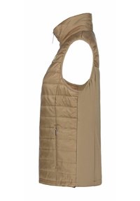 Let beige ærmeløs vest med quiltet tekstur, sidelomme med lynlås og høj krave. Glat stof med en tætsiddende pasform.