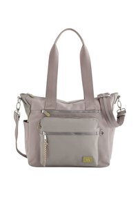 Gray fabric tote bag with dual top handles and an adjustable shoulder strap. Features multiple zippered pockets and a textured front detail.