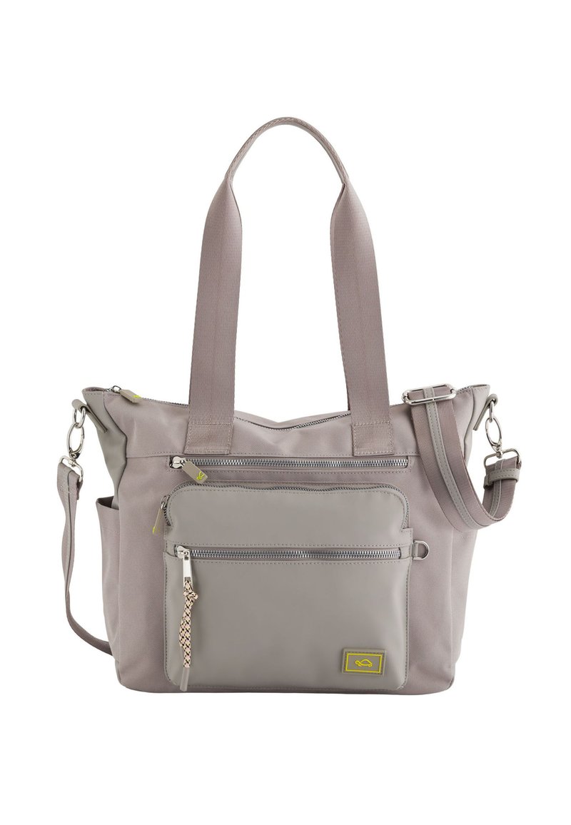 Gray fabric tote bag with dual top handles and an adjustable shoulder strap. Features multiple zippered pockets and a textured front detail.