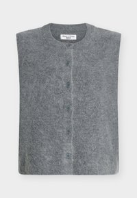 Szary wełniany tank top z okrągłym dekoltem i zapinaniem na guziki z przodu, charakteryzujący się miękką, puszystą teksturą oraz sześcioma niebieskimi guzikami wzdłuż listwy guzikowej.