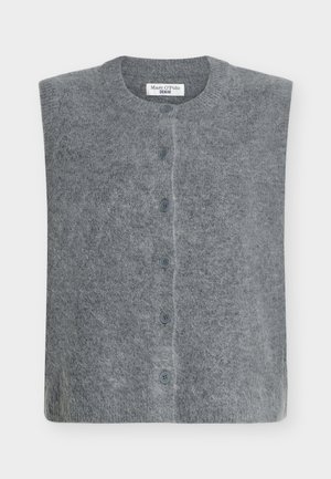 Grå uld tanktop med rund halsudskæring og knappelukning foran, med en blød, fnugget tekstur og seks blå knapper langs knaplisten.