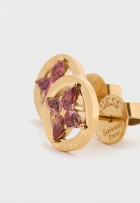 Σκουλαρίκια από ανοξείδωτο ατσάλι με χρυσή απόχρωση, με κυκλικό σχέδιο που φιλοξενεί τέσσερεις ροζ πέτρες σε σχήμα αχλαδιού στο κέντρο. Λεπτομέρεια με χαραγμένο λογότυπο στην πίσω πλευρά.