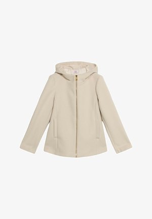 Beige Kapuzenmantel mit einem Reißverschluss an der Vorderseite, Seitentaschen und einer glatten Textur. Schlichtes Design, geeignet für verschiedene Freizeitgelegenheiten.