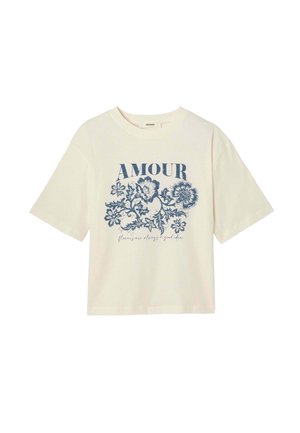 T-shirt crème à manches courtes avec un motif floral bleu "AMOUR" et un texte d'accompagnement. Fabriqué en tissu doux, style ample.
