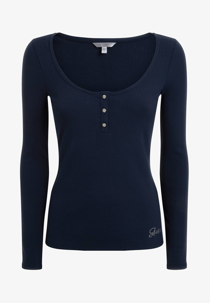 Maglietta a maniche lunghe navy realizzata in tessuto a coste, con scollatura a barca, tre bottoni decorativi e ricamo discreto all'orlo.