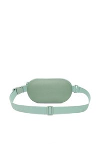 Borsa in vita verde menta di forma ovale, con una parte frontale in rete testurizzata, cinturino regolabile e chiusura in plastica.