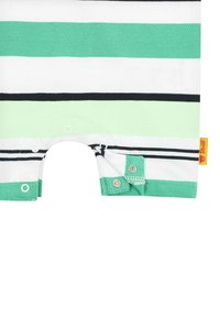 Bodysuit de manga corta a rayas en blanco, verde y negro. Presenta botones de presión en la parte inferior y una textura suave de algodón.