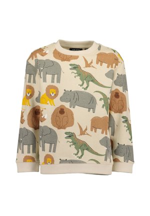 Beige børnesweatshirt med farverige dyreprint inklusive løver, elefanter, flodheste, gorillaer, dinosaurer og fugle.