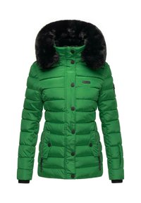 Chaqueta acolchada verde con cuello de piel sintética, con un patrón acolchado horizontal, botones negros, bolsillos laterales y un bolsillo con cremallera.