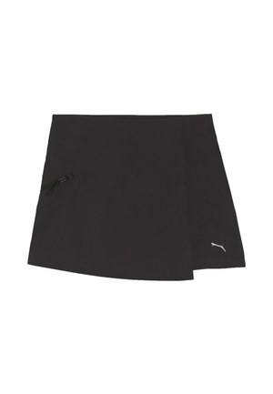 Jupe de sport noire avec petite poche latérale zippée et logo Puma blanc en bas à droite sur fond blanc.