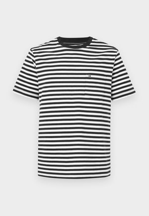 Black and white striped t-shirt with a round neck, short sleeves, and a small pocket on the left chest. Cotton material with a smooth texture.