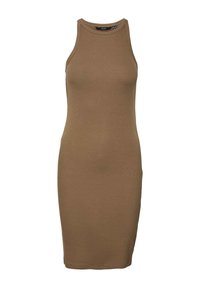 Braunes, ärmelloses Bodycon-Kleid aus geripptem Stoff, mit Rundhalsausschnitt und figurbetontem Schnitt, der die Körperform betont.