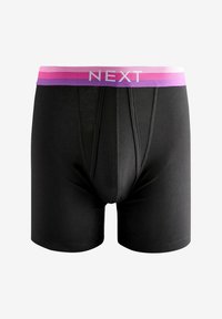 Fekete boxer alsónadrág, testhezálló fazonban, széles elasztikus derékrésszel, amelynek színei rózsaszíntől lila árnyalatokig terjednek, fehér felirattal.