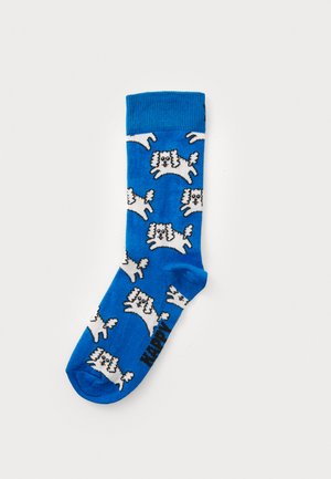 Blue socks with a repeating white dog pattern. Features a ribbed cuff and the word "HAPPY" in black on the side. Cotton material.