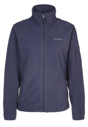 Navy blue fleece jacket with front zipper, high collar, and zippered chest pocket. Smooth texture and casual fit, designed for warmth.