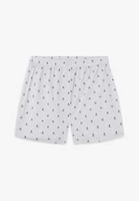 Boxer de algodón blanco con pequeño patrón de calaveras y tibias negras y finas rayas verticales grises.