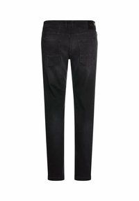 Zwarte denim jeans met een rechte pijpdesign, twee achterzakken en een subtiele vervaagde textuur. Heeft een traditionele tailleband en riemlussen.