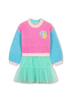 Girls' long-sleeve sweater dress with pink bodice, blue sleeves, ruffled mint green tulle skirt, and colorful "LOVE" flower patch on chest.