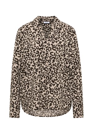 Leopardmönstrad skjorta i beige och brunt, långärmad, med krage, framtill knappar och en något rundad fåll. Tillverkad av lättviktsmaterial.