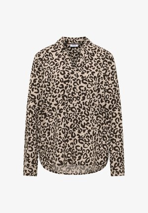 Leopardenmusterhemd in Beige und Braun, mit langen Ärmeln, kragenförmigem Design, Knöpfen vorne und leicht abgerundetem Saum. Aus leichtem Stoff.