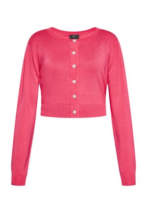 Cardigan rose court à manches longues, col rond, fermeture à sept boutons, avec des poignets et un ourlet côtelés. Matière en tricot douce et légère.