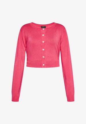 Kort lyserød cardigan med lange ærmer, rund hals, syv knaplukninger samt ribbede manchetter og kant. Blødt, let strikmateriale.