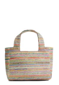 Sac fourre-tout tissé en fibres texturées et colorées. Forme rectangulaire avec deux courtes poignées. Présente un motif rayé multicolore.