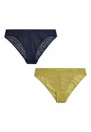 Twee kanten bikinistijl onderbroeken in marineblauw en olijfgroen, plat uitgestald op een witte achtergrond.