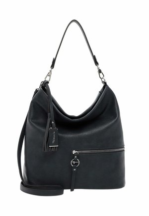 Black leather hobo bag with a slouchy design, zippered pocket, metal hardware accents, and a detachable strap with a tassel detail.