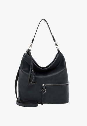 Schwarze Leder-Hobo-Tasche mit einem lässigen Design, Reißverschlussfach, metallischen Hardware-Akzenten und einem abnehmbaren Riemen mit Quastendetail.