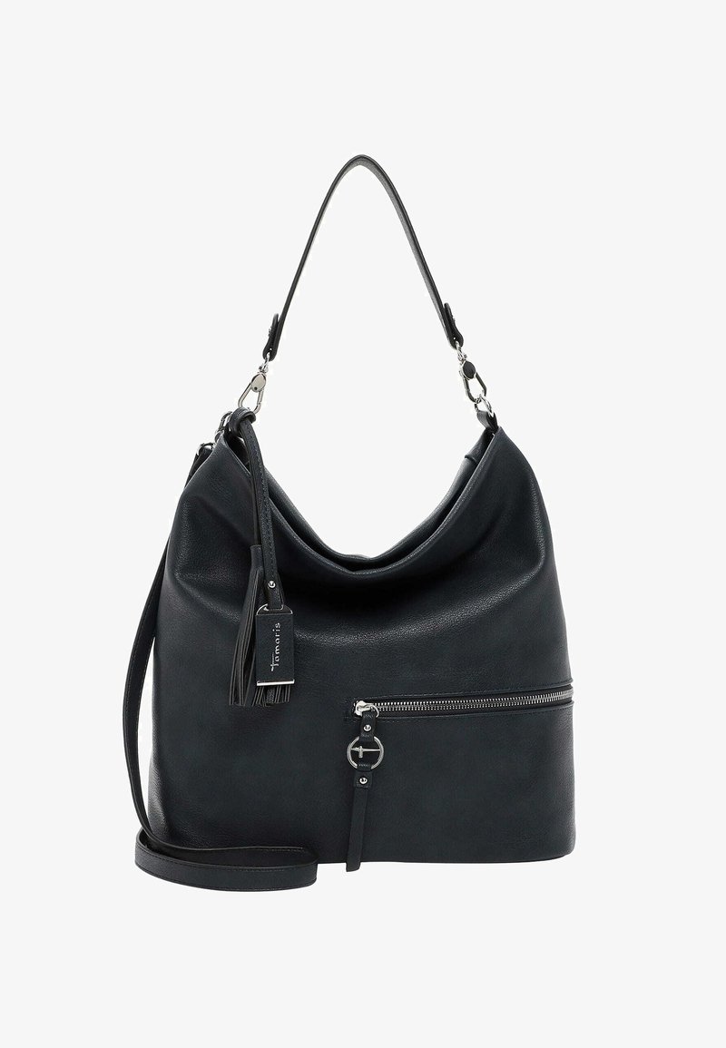 Mustast nahkist hobo-kott, millel on pehme disain, lukuga tasku, metallist aksessuaarid ning lahtivõetav rihm, millel on tassisalongid.