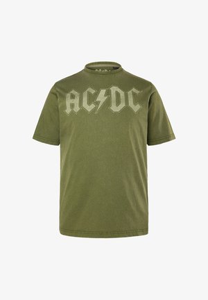 Olivgrünes Baumwoll-T-Shirt mit kurzen Ärmeln, auf der Brust mit dem Bandlogo "AC/DC" in grauer, fetter Schrift. Klassischer Rundhalsausschnitt.