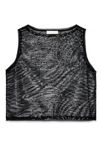 Top negro sin mangas que presenta una tela transparente con patrones en espiral de lentejuelas plateadas, terminado con un cuello y dobladillo ribeteados en negro.